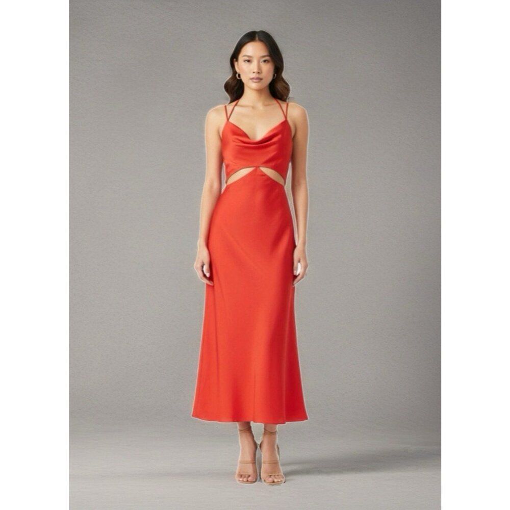 NWT b SYDNEY Los Angeles Strappy Drape Neck Cut-out Satin Maxi Dress Red S